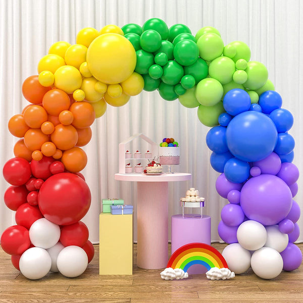 Rainbow Party Decorations Backdrop, Rainbow Color Crepe Paper Streamers 12 inch 5 inch White Balloons Garland for Unicorn Rainbow Party Supplies Baby
