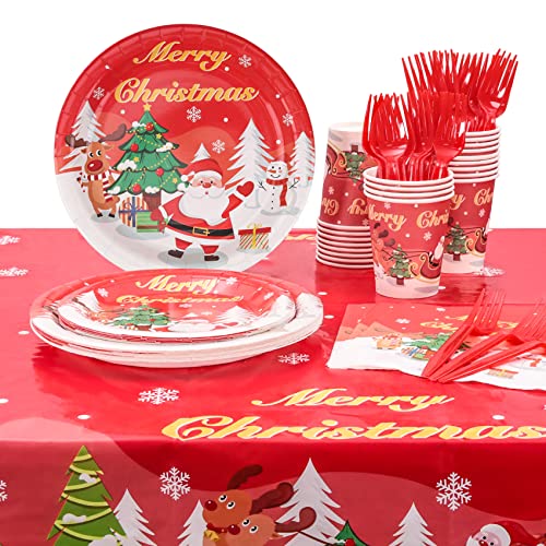 CCINEE Christmas Party Supplies Paper Plates, 96pcs Table Decorations  Christmas Disposable Dinnerware Set Includes Paper Plates Napkins Cup  Serves 24