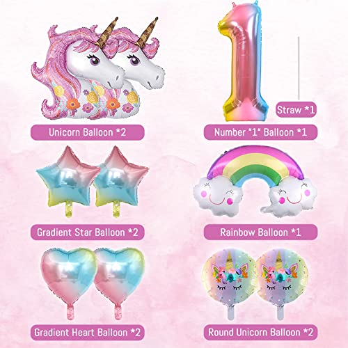 Unicorn Birthday Decorations for Girls, 10pcs Unicorn Balloons Set with Rainbow, Heart, Star and Number 1 Foil Balloons for 1st Birthday Party Decorations