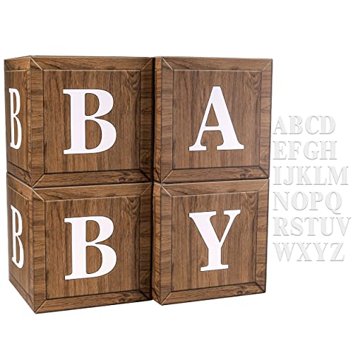 JOYYPOP Baby Boxes with 34pcs Letters(A-Z+Baby) for Baby Shower, Balloon Boxes Blocks for Gender Reveal, Bridal Shower, Birthday Party Decorations (Wood)