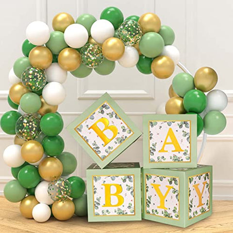 JOYYPOP Baby Boxes with 34pcs Letters(A-Z+Baby) for Baby Shower, Transparent Balloon Boxes Blocks for Gender Reveal, Bridal Shower, Birthday Party Decorations (Sage Green)