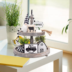 JOYYPOP Tiered Tray Decor, 9Pcs Farmhouse Decor with Artificial Plant, Wooden Sign and Beads Garland for Home Kitchen Decorations