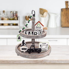 JOYYPOP Tiered Tray Decor, 9Pcs Farmhouse Decor with Wooden Sign and Beads Garland for Home Kitchen Decorations