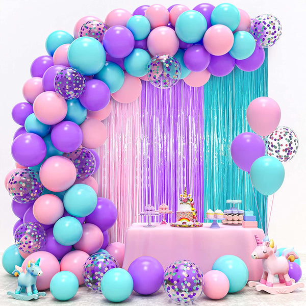 Unicorn Balloon Garland Kit with Light Purple Pink and Turquoise Balloons, Tinsel Curtain for Baby Shower Birthday Party Decorations Unicorn Party