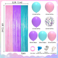 Unicorn Balloon Garland Kit with Light Purple Pink and Turquoise Balloons, Tinsel Curtain for Baby Shower Birthday Party Decorations Unicorn Party