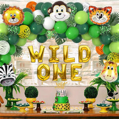 Wild One Birthday Decorations for Boys, 79pcs Wild One Balloons Kits with Artificial Leaves, Animal Balloons for Jungle Safari Theme 1st Birthday Decorations