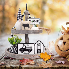 JOYYPOP Tiered Tray Decor, 9Pcs Farmhouse Decor with Artificial Plant, Wooden Sign and Beads Garland for Home Kitchen Decorations