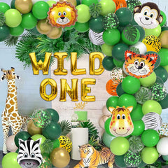 Wild One Birthday Decorations for Boys, 79pcs Wild One Balloons Kits with Artificial Leaves, Animal Balloons for Jungle Safari Theme 1st Birthday Decorations