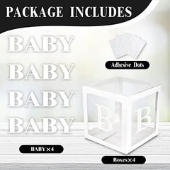 Baby Boxes with Letters for Baby Shower, 4 Transparent Balloon Boxes with 16 Letters for Boys & Girls Birthday, Gender Reveal Decorations Boxes and Wedding Party(White)