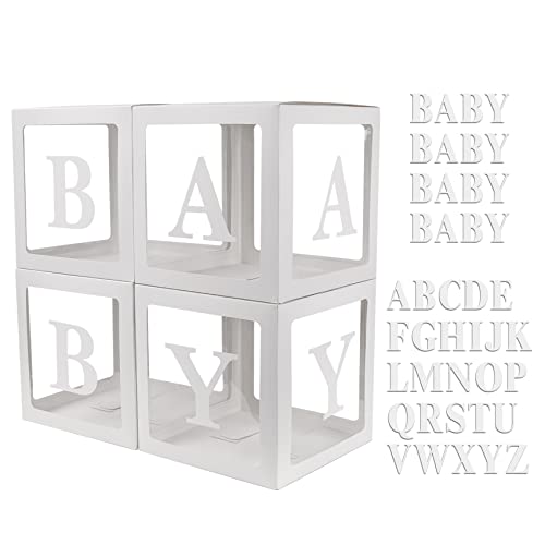 JOYYPOP Baby Boxes with 42pcs Letters(A-Z+Baby) for Baby Shower, Transparent Balloon Boxes Blocks for Gender Reveal, Bridal Shower, Birthday Party Decorations (White)