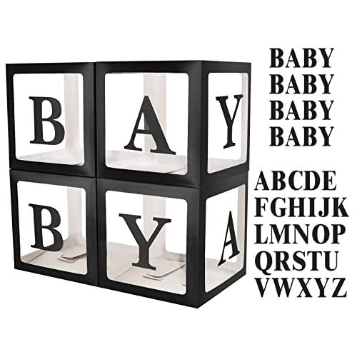 JOYYPOP Baby Boxes with 42pcs Letters(A-Z+Baby) for Baby Shower, Transparent Balloon Boxes Blocks for Gender Reveal, Bridal Shower, Birthday Party Decorations (Black)