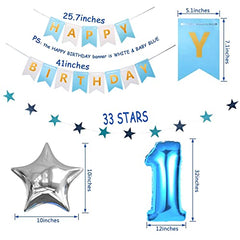 JOYYPOP 1st Birthday Decorations for Boys - Baby 1st Birthday Party Supplies 67PCS with 1st Birthday Baby Crown, ONE Cake Topper, 1st Birthday Highchair Banner Decorations(Blue)