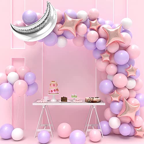 Pink Purple Balloon Garland Set with Moon and Star Balloons, White Purple Balloons for Baby Shower Party Decorations Twinkle Twinkle Little Star Theme Party