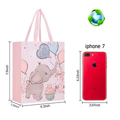 Small Baby Gift Bag Elephant Paper Gift Bags 7.9" Heavy Duty Baby Girl Gift Bag for Baby Shower Animal Theme Birthday Party Supplies,Pink1