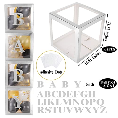JOYYPOP Baby Boxes with 42pcs Letters(A-Z+Baby) for Baby Shower, Transparent Balloon Boxes Blocks for Gender Reveal, Bridal Shower, Birthday Party Decorations (Silver)