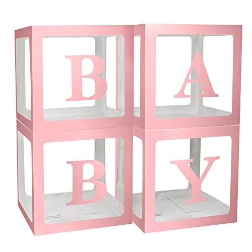JOYYPOP Baby Boxes with Letters for Baby Shower, 4 Transparent Balloon Boxes with 16 Letters for Boys & Girls Birthday, Gender Reveal Decorations and Wedding Party(Pink)