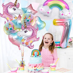 JOYYPOP Unicorn Birthday Decorations for Girls, 10pcs Unicorn Balloons Set with Rainbow, Heart, Star and Number 7 Foil Balloons for 7th Birthday Party Decorations