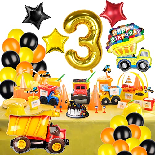 Construction Balloons for 3rd Birthday Decorations for Boys with Number 3 Dump Truck Foil Balloon and Black Yellow Orange Latex Balloons for Construction Birthday Party Supplies