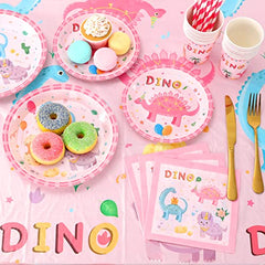 JOYYPOP Girl Dinosaur Birthday Party Supplies Serves 16, 140 Pcs Pink Dinosaur Party Decorations - Dinosaur Party Plates, Cups, Napkins and Hanging Swirls