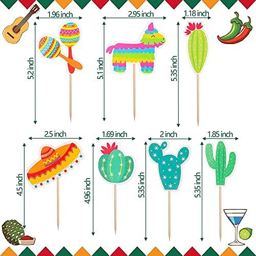Fiesta Cupcake Toppers 70pcs Mexican Theme Cake Decorations, Taco Llama Sombrero Cactus for Summer Party Supplies