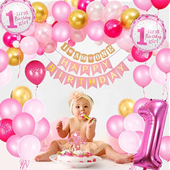 JOYYPOP 1st Birthday Girl Decoration 70Pcs First Birthday Decorations with Baby Crown, 12 Months Photo Banner,I AM ONE Banner, ONE Cake Topper, 1st Birthday Highchair Banner