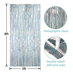 JOYYPOP Holographic Silver Laser Foil Fringe Curtain, Metallic Photo Booth Tinsel Backdrop Door Curtains for Wedding Birthday Baby Shower Bachelorette Party Decorations(4 Pack, 12ft)