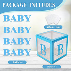 JOYYPOP Baby Boxes with Letters for Baby Shower, 4 Transparent Balloon Boxes with 16 Letters for Boys & Girls Birthday, Gender Reveal Decorations and Wedding Party(Blue)