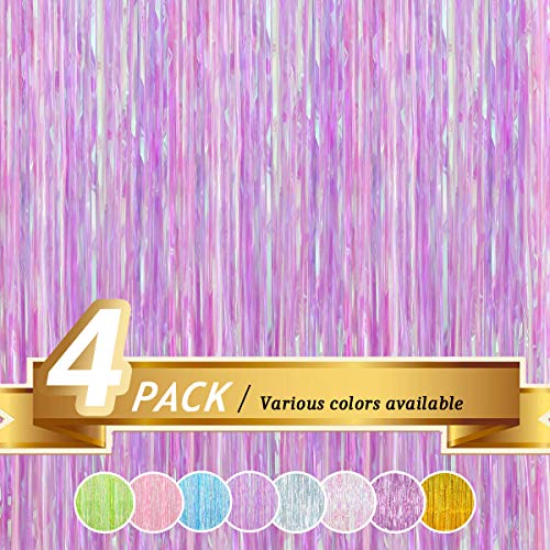 JOYYPOP Iridescent Transparent Purple Foil Fringe Curtain, Metallic Photo Booth Tinsel Backdrop Door Curtains for Wedding Birthday Baby Shower Bachelorette Party Decorations(4 Pack, 12ft x 8ft)