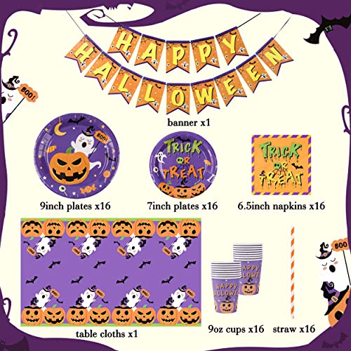 JOYYPOP Halloween Party Supplies Serve 16, 83pcs Halloween Plates and Napkins, Include Plates, Napkins, Cups, Straws, Tablecloth and Banner