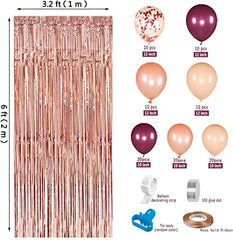 JOYYPOP Burgundy Balloons Garland 112pcs Thanksgiving Balloon Garland Kit with Tinsel Curtain Rose Gold Burgundy Balloons Arch Kit for Baby Shower Fall Thanksgiving Party Decorations