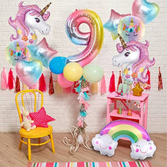 Unicorn Birthday Decorations for Girls, 10pcs Unicorn Balloons Set with Rainbow, Heart, Star Foil Balloons for Birthday Party Decorations