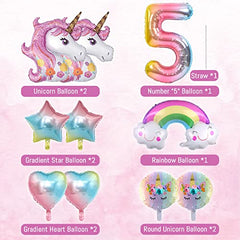 Unicorn Birthday Decorations for Girls, 10pcs Unicorn Balloons Set with Rainbow, Heart, Star and Number 5 Foil Balloons for 5th Birthday Party Decorations