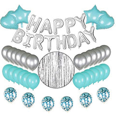 JOYYPOP Birthday Party Decorations Happy Birthday Balloons Banner with Turquoise and Silver Balloons Set, Silver Foil Fringe Curtain for Women Girl Birthday Party (Turquoise）