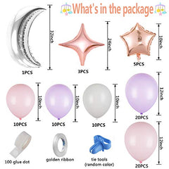 Pink Purple Balloon Garland Set with Moon and Star Balloons, White Purple Balloons for Baby Shower Party Decorations Twinkle Twinkle Little Star Theme Party