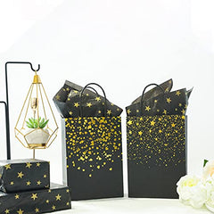 Small Black Gold Gift Bags 24pcs Party Paper Bags with Star Tissue Paper for New Year, Birthday, Wedding, Bridal, Baby Shower, Black and Gold Party Supplies (8.3 x 5.9 x 3.1inch)