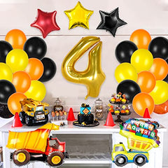 Construction Balloons for 4th Birthday Decorations for Boys with Number 4 Dump Truck Foil Balloon and Black Yellow Orange Latex Balloons for Construction Birthday Party Supplies