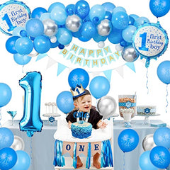 JOYYPOP Boy 1st Birthday Decorations 61Pcs First Birthday Decorations with Baby Crown, I AM ONE Banner, ONE Cake Topper, 1st Birthday Highchair Banner, Happy Birthday Banner