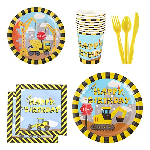 JOYYPOP Construction Birthday Party Supplies Serve 16, Includes Plates, Cups, Napkins, Tablecloth, Banner, Knives, Forks and Spoons for Kids Boys Birthday Party Decorations