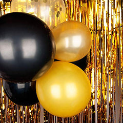JOYYPOP Black and Gold Balloon Garland Arch Kit 112pcs Black and Gold Party Decorations with 2pcs Gold Tinsel Curtains for Graduation Party New Years Birthday Anniversary