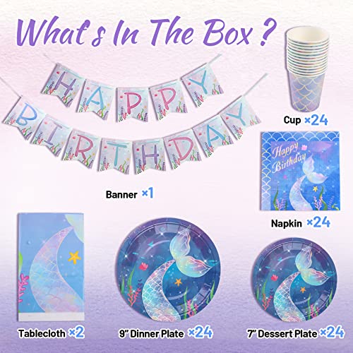 JOYYPOP Mermaid Birthday Party Supplies Serve 24, Including Paper Plates Cups Napkins Tablecloth Banner for Girls Birthday Party Decorations
