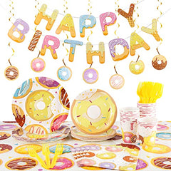 JOYYPOP Donut Birthday Party Supplies Serve 24, Including Paper Plates Napkins Cups Tablecloth Banner Swirl for Girls and Boys Donut Party Decorations