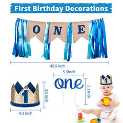 JOYYPOP 1st Birthday Boy Decorations - Boy 1st Birthday Party Supplies, First Prince Crown, High Chair Banner, Number 1 Foil Balloon and Blue Gold Balloons
