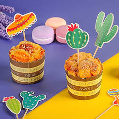 Fiesta Cupcake Toppers 70pcs Mexican Theme Cake Decorations, Taco Llama Sombrero Cactus for Summer Party Supplies
