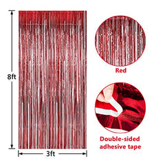 JOYYPOP Red Foil Fringe Curtain, Metallic Photo Booth Backdrop Tinsel Door Curtains for Wedding Birthday Bridal Shower Baby Shower Bachelorette Christmas Party Decorations(4 Pack, 8ft x 3ft)