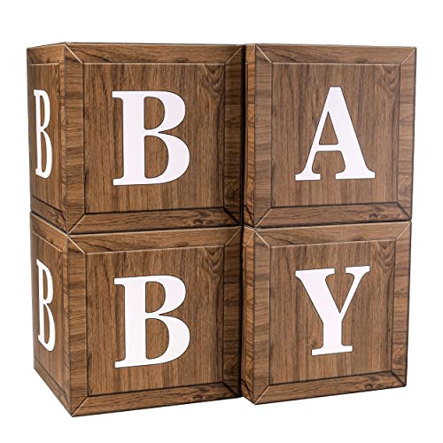 JOYYPOP Baby Boxes with Letters for Baby Shower, 4 Baby Balloon Boxes for Gender Reveal Teddy Bear Baby Shower Decorations Party( Wood)