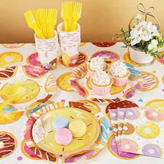 JOYYPOP Donut Birthday Party Supplies Serve 24, Including Paper Plates Napkins Cups Tablecloth Banner Swirl for Girls and Boys Donut Party Decorations