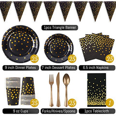 JOYYPOP Black and Gold Party Supplies Serves 25 Disposable Dinnerware Set 177 PCS Black Gold Party Decorations Including Dinnerware Tablecloth Banner for Graduation Party, Birthday, Anniversary