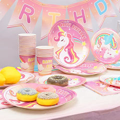 JOYYPOP Unicorn Birthday Decorations for Girls, 98 PCS Unicorn Party Supplies Serve 24, Including Plates, Cups, Napkins, Tablecloth and Banner with Decoration