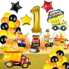 Construction Balloons for 1st Birthday Decorations for Boys with Number 1 Dump Truck Foil Balloon and Black Yellow Orange Latex Balloons for Construction Birthday Party Supplies