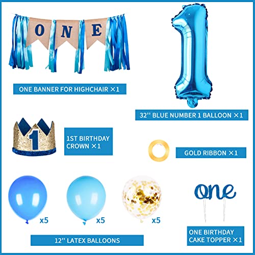 JOYYPOP 1st Birthday Boy Decorations - Boy 1st Birthday Party Supplies, First Prince Crown, High Chair Banner, Number 1 Foil Balloon and Blue Gold Balloons